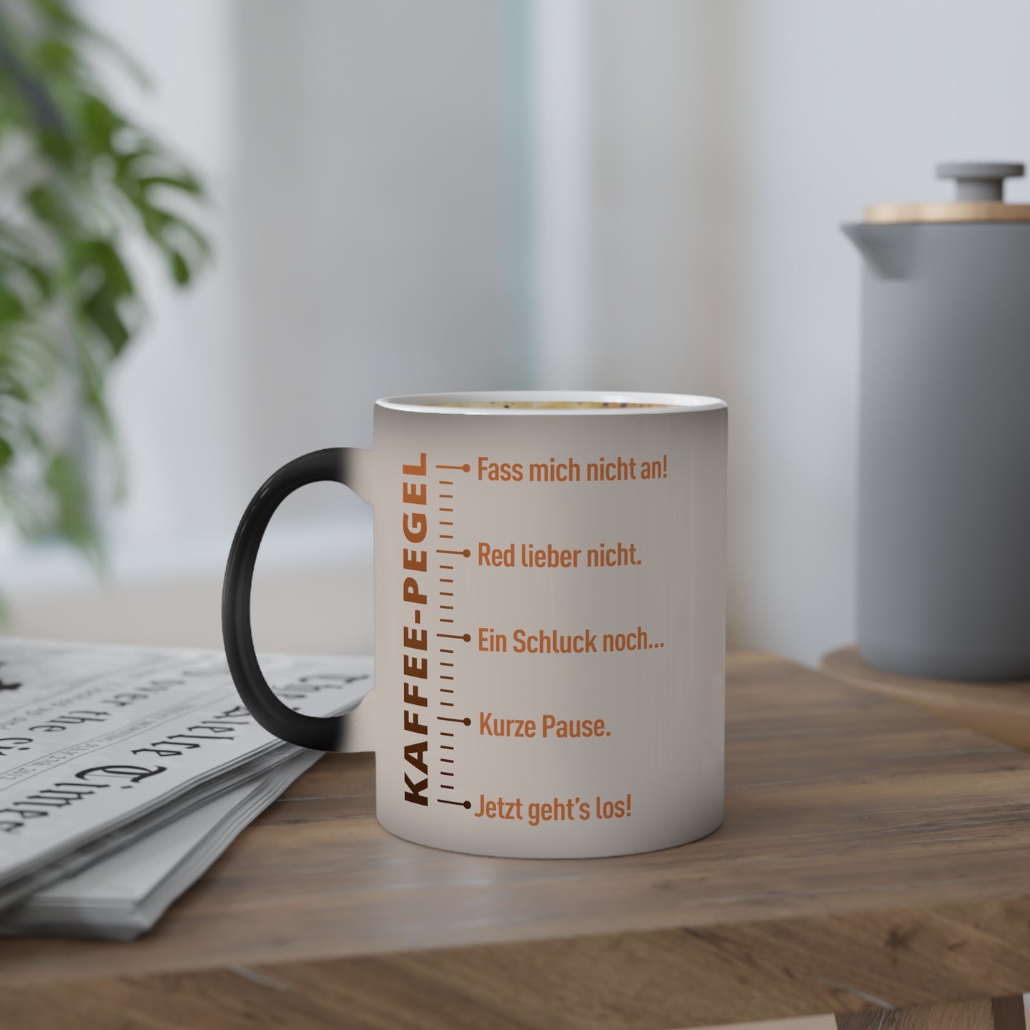 KAFFEE-PEGEL Coffee Mug, 11oz - Unique Gift for Coffee Lovers, Fun Kitchen Decor, Heat Sensitive Mug, Perfect for Birthdays, Home Office