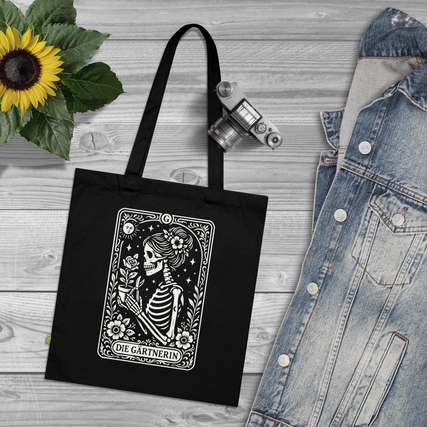 Tarrot der Gärterin - Stoffbeutel, Einkaufstasche aus Bio-Baumwolle, umweltfreundliches Geschenk, Stoffbeutel mit Totenkopfmotiv, Tasche im Boho-Stil