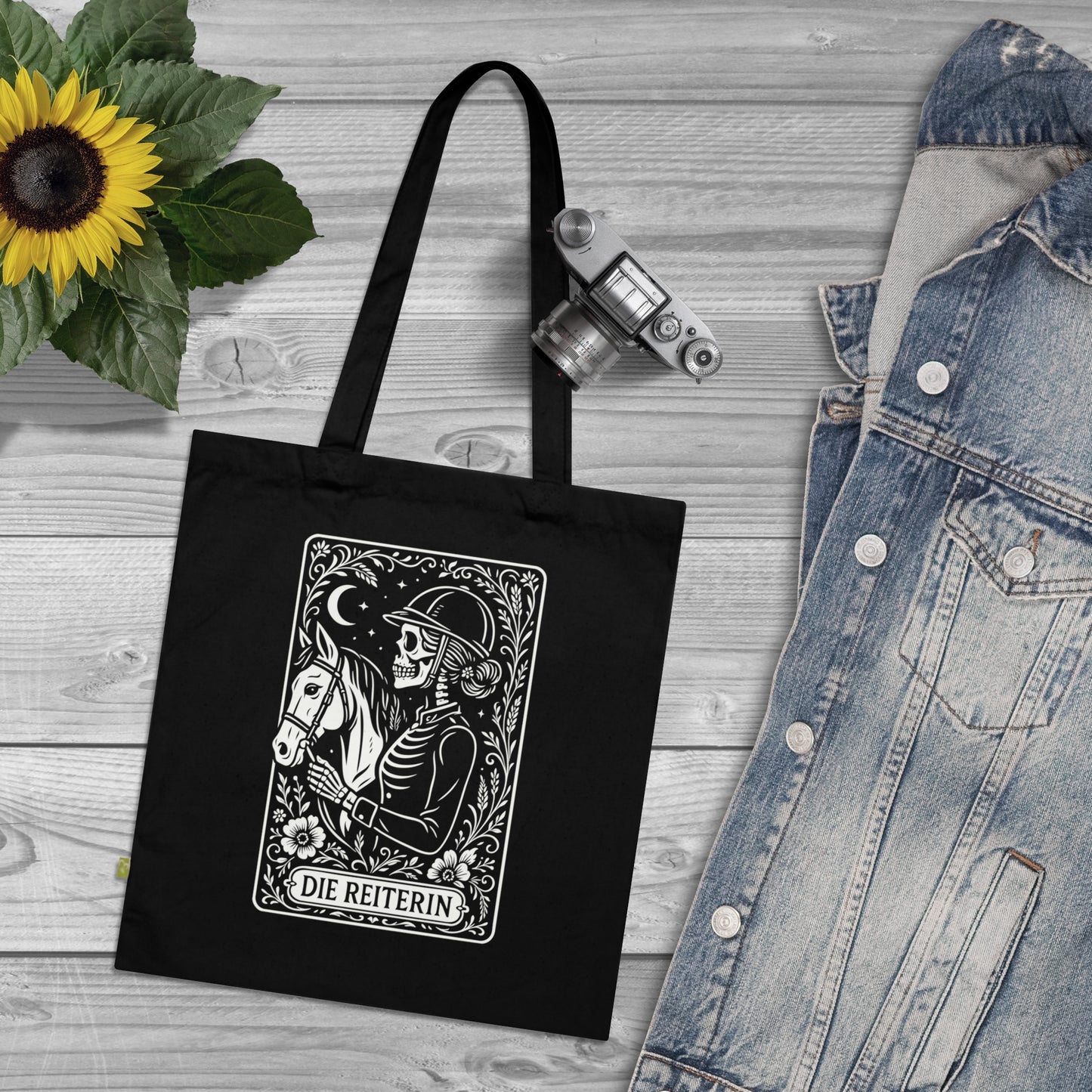 Tarrot der Reiterin - Stoffbeutel, Einkaufstasche aus Bio-Baumwolle, umweltfreundliches Geschenk, Stoffbeutel mit Totenkopfmotiv, Tasche im Boho-Stil