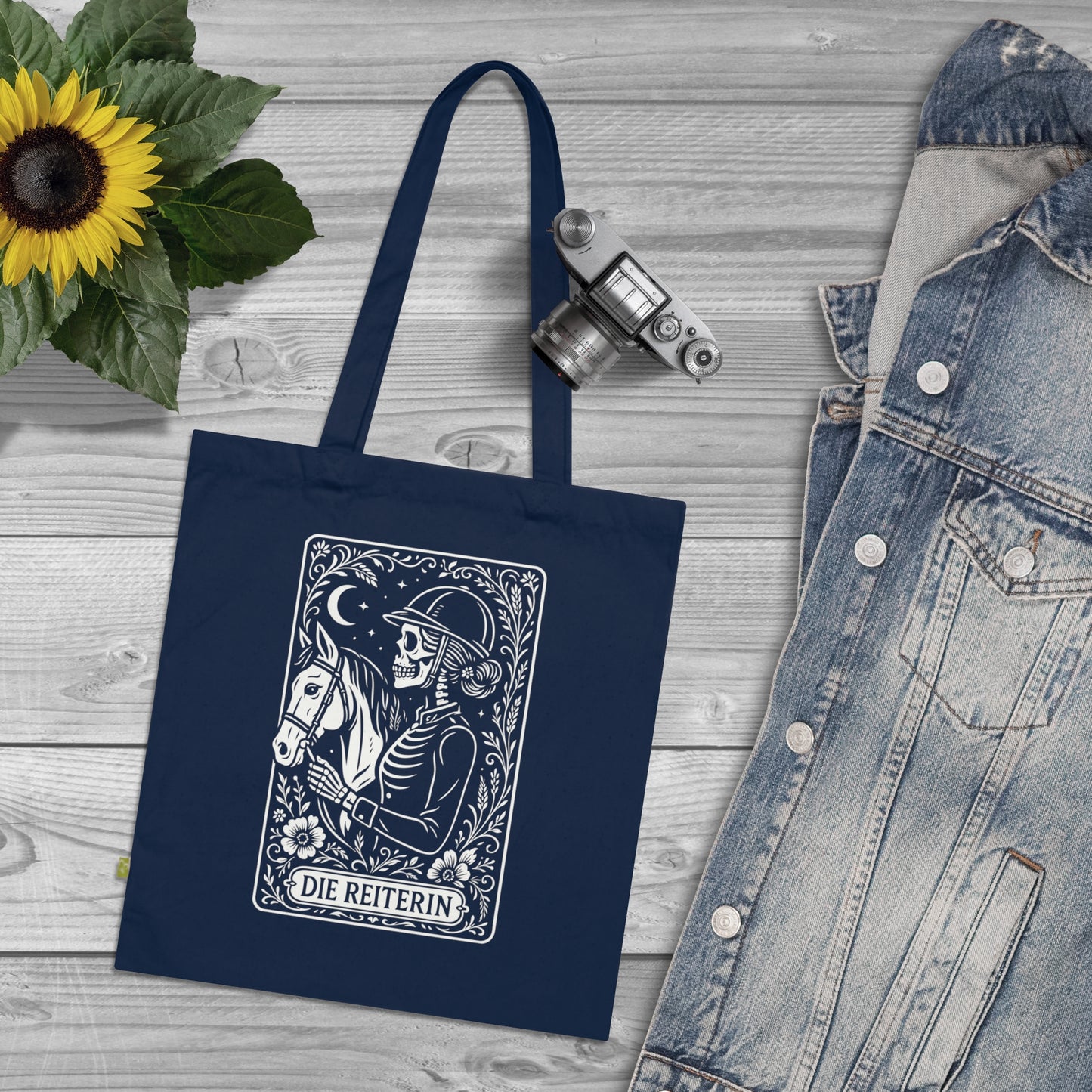 Tarrot der Reiterin - Stoffbeutel, Einkaufstasche aus Bio-Baumwolle, umweltfreundliches Geschenk, Stoffbeutel mit Totenkopfmotiv, Tasche im Boho-Stil