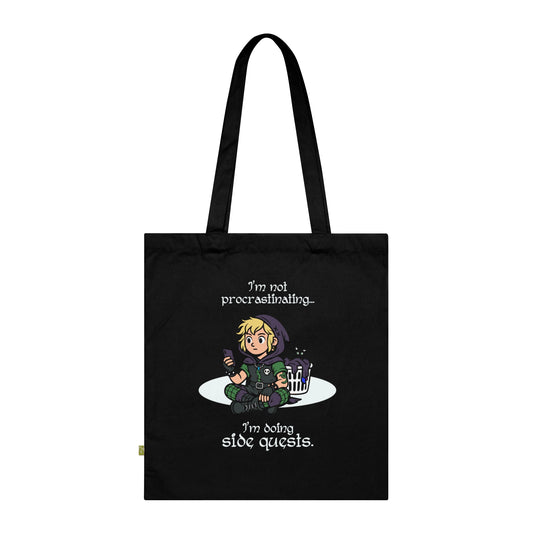 I'm not procrastinating. I'm doing side quests. - Stoffbeutel, Einkaufstasche aus Bio-Baumwolle, umweltfreundliches Geschenk, Stoffbeutel mit Totenkopfmotiv, Tasche im Boho-Stil