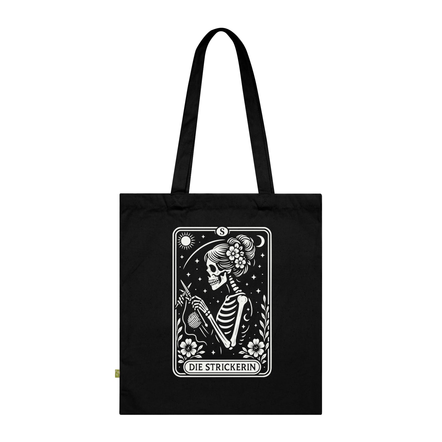 Tarrot der Strickerin - Stoffbeutel, Einkaufstasche aus Bio-Baumwolle, umweltfreundliches Geschenk, Stoffbeutel mit Totenkopfmotiv, Tasche im Boho-Stil